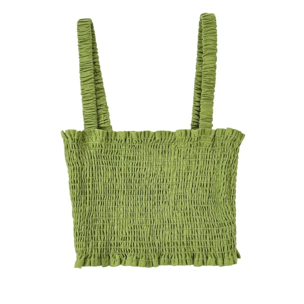 Reformation Vera Linen 2 Piece Set - Green Smocked Top & Matching Cropped Pants